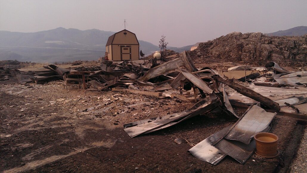 A Tuff Shed barn left standing after a wildfire.