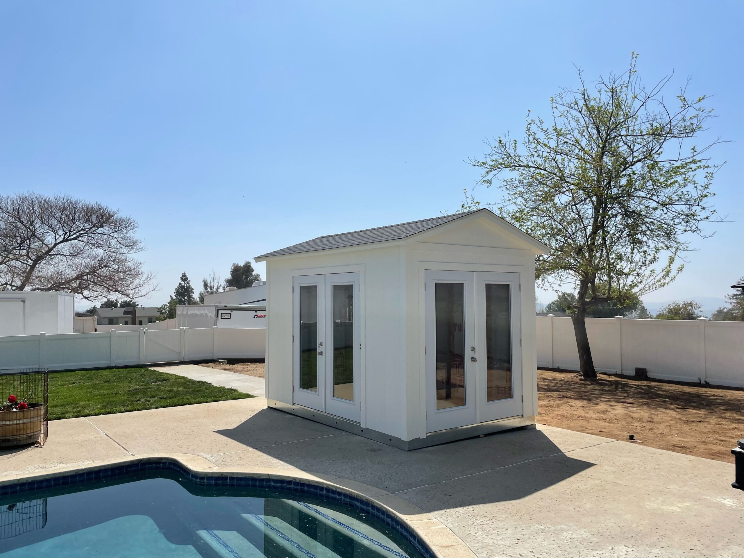 The TR800 shed is ready to be transformed into a poolside home office.