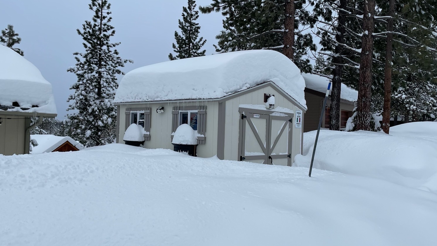 A Tuff Shed covered in snow
