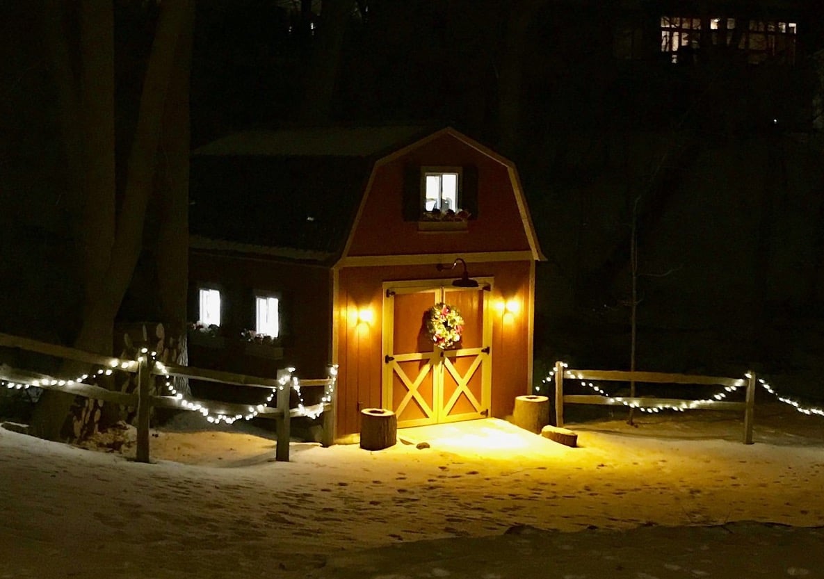 A Tuff Shed decorated for the holidays